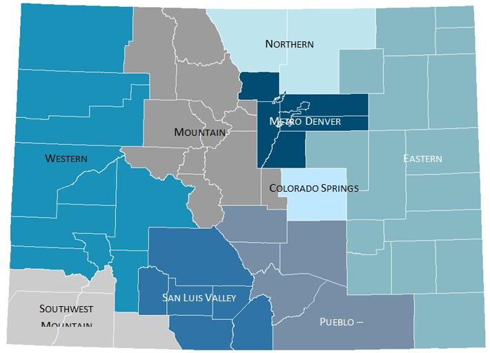 Central region of the state is Colorado Springs, north is Metro Denver, north of that is the Northern region, then counterclockwise around the state are Mountain, Western, Southwest Mountain, San Luis Valley, Pueblo, and Eastern regions.
