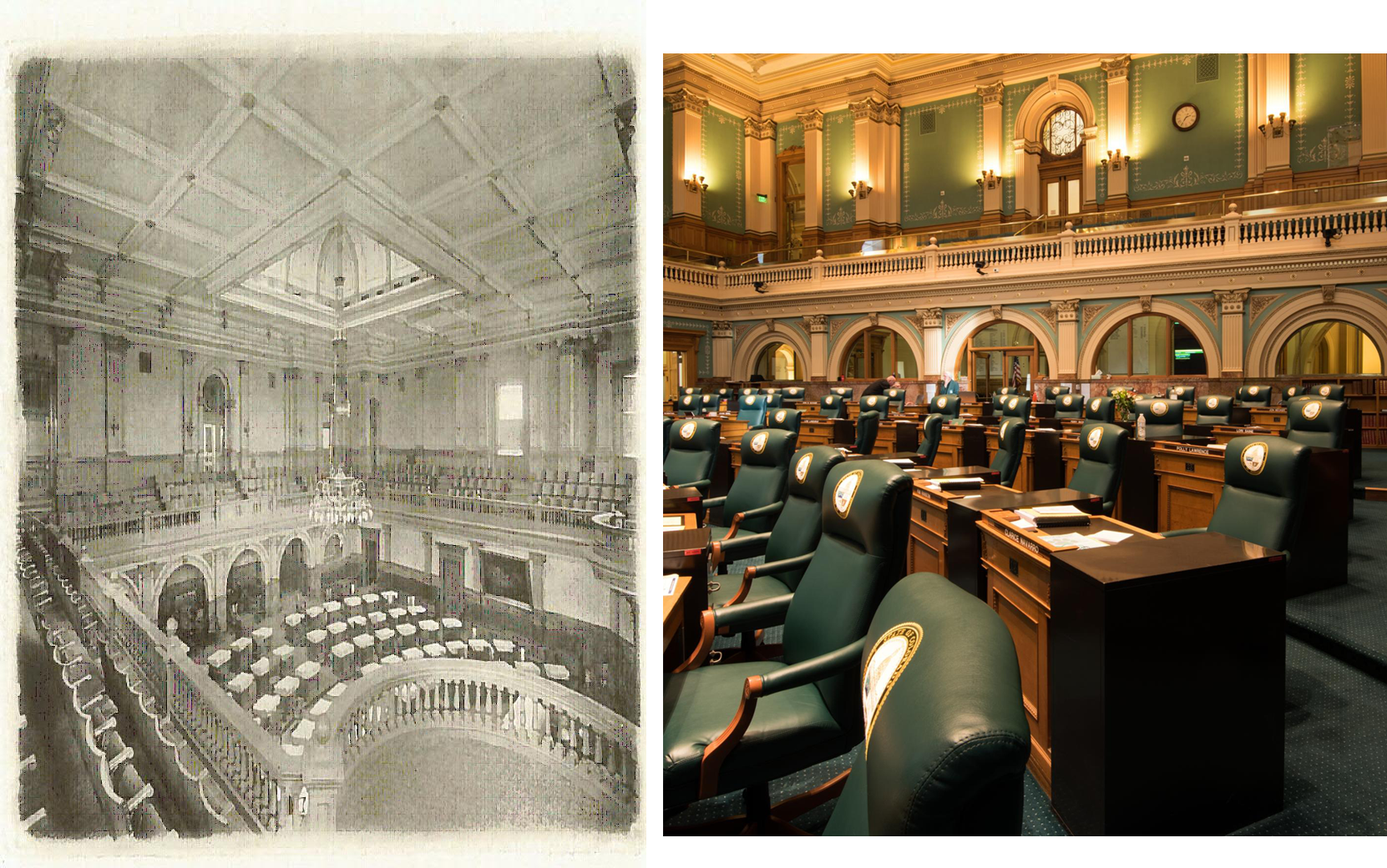 Old timey pencil and ink wash view of the House chambers from the balcony looking down, next to modern image of House floor looking up to the balcony